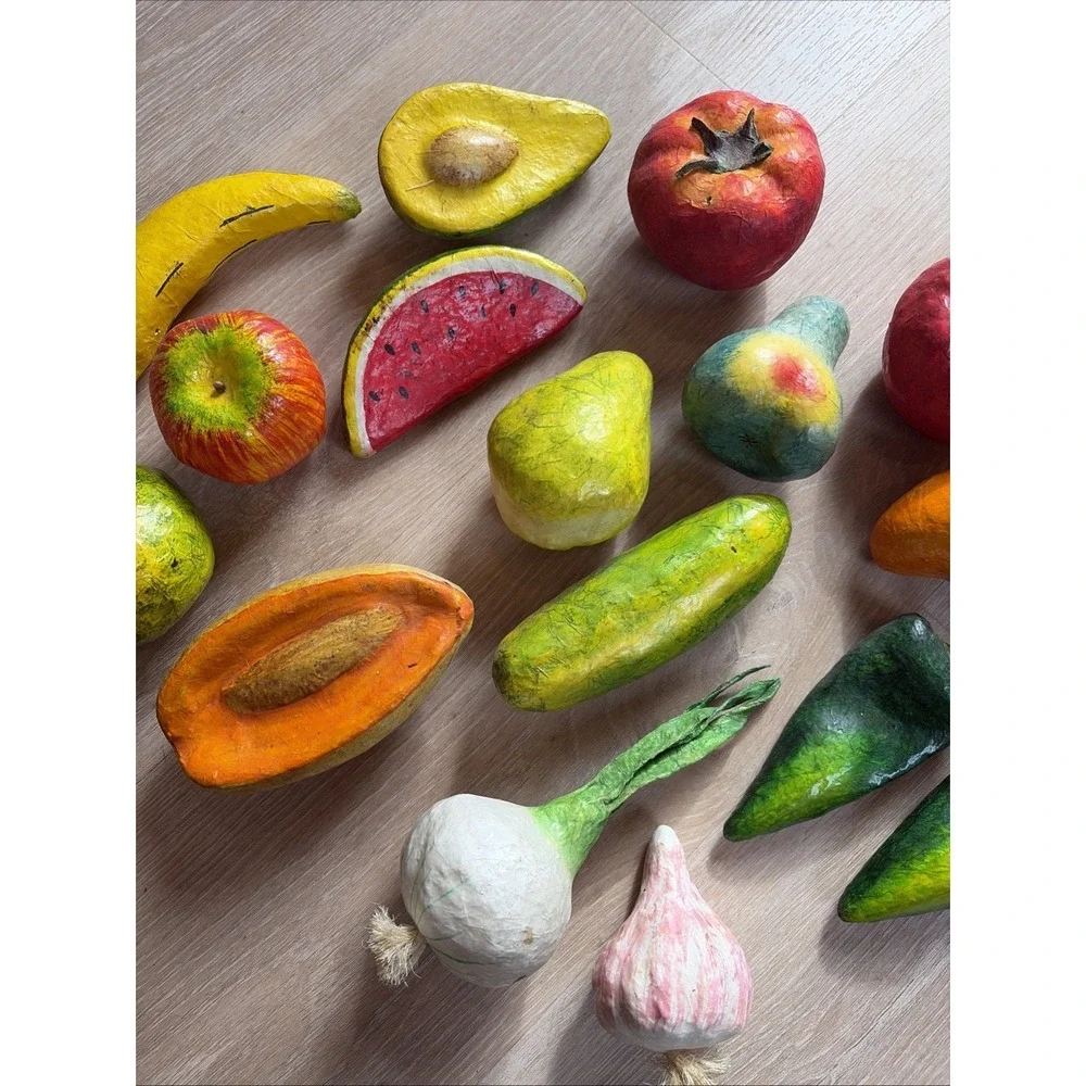 Vintage Paper Mache Fruit‎ And Vegetables Set Of 16 Colorful And Funky + Basket